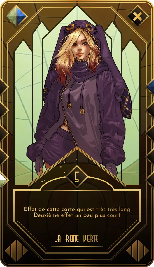 Thaumiel Society card: a young blonde woman in a purple hooded coat